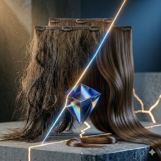 Image divisée en deux montrant une extension de cheveux d'un côté éméchée et de l'autre lisse et soyeuse