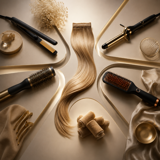 Illustration d'une extension adhésive entourée d'outils chauffants variés