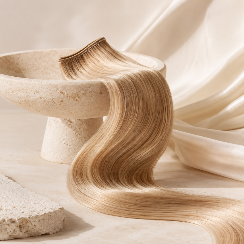 Extension de cheveux reposant sur une surface de marbre représentant un bain de marbre