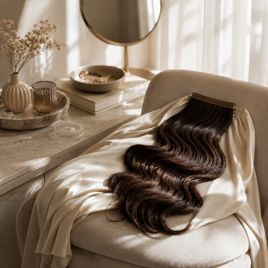 Extension de cheveux reposant sur un fauteuil de coiffeuse.