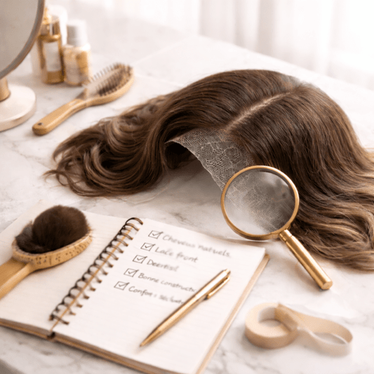 perruque sur une table de travail avec un carnet d'essentiels a cocher