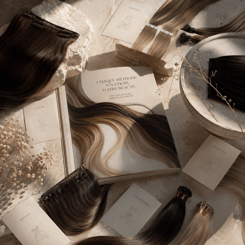 Illustration d'un guide entouré de différents types d'extension de cheveux