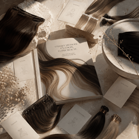 Illustration d'un guide entouré de différents types d'extension de cheveux