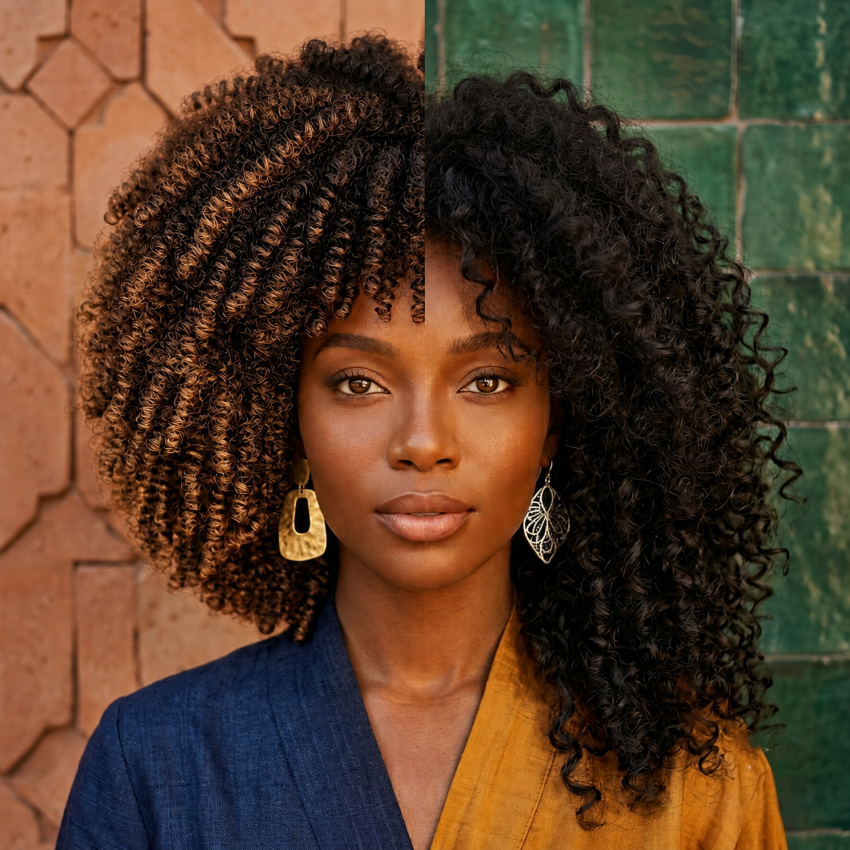 Perruque afro, comparaison entre fibre synthétique ombrée et cheveu naturel