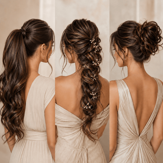 Illustration de 3 femmes aux cheveux bruns vue de dos avec des coiffures différentes : queue de cheval haute, tresse bohème et chignon volumineux