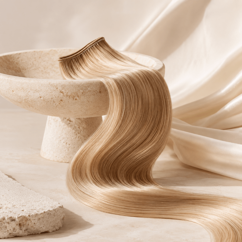Extension de cheveux reposant sur une surface de marbre représentant un bain de marbre