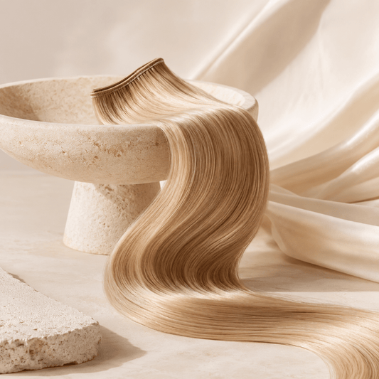 Extension de cheveux reposant sur une surface de marbre représentant un bain de marbre