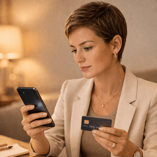 Femme qui s'apprête à acheter un produit en ligne avec carte bancaire en main