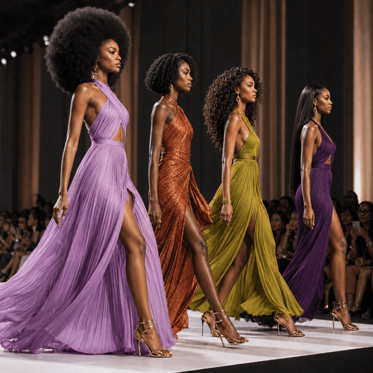 Quatre femmes arborant chacune un modèle de texture afro sur une scène de défilé de mode