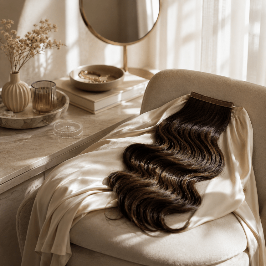 Extension de cheveux reposant sur un fauteuil de coiffeuse.