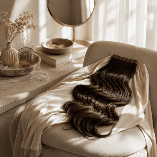 Extension de cheveux reposant sur un fauteuil de coiffeuse.