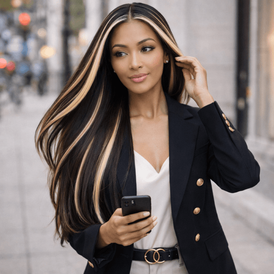 Femme marchant dans la rue et portant la perruque Noélys™ de Beauté Æterna