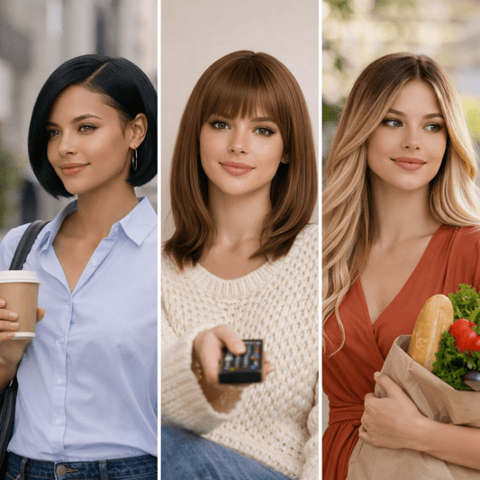 Présentation d'une femme avec 3 longueurs différentes de perruques
