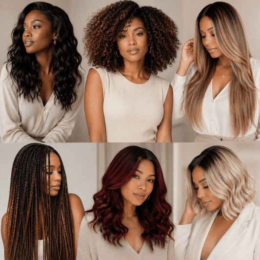 Sélection de 6 femmes différentes arborant des extensions de cheveux et perruques