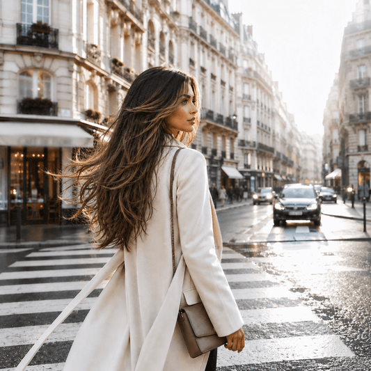 Femme position semi profil traversant une rue, sa chevelure avec extensions virevolte légèrement au vent