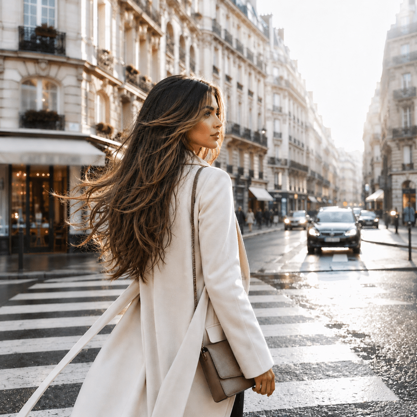 Femme position semi profil traversant une rue, sa chevelure avec extensions virevolte légèrement au vent