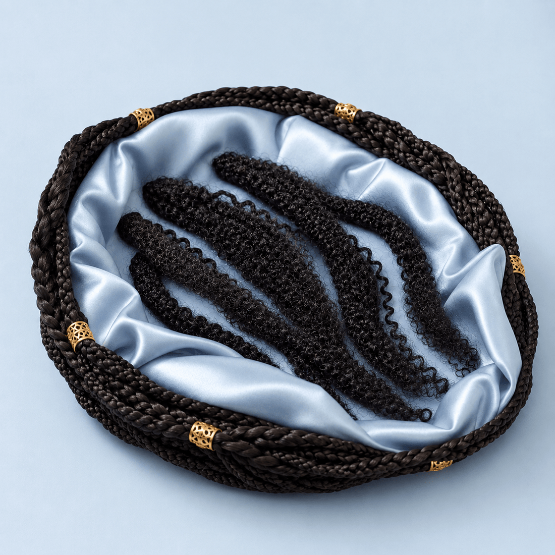 Panier rond composé de mèches tressées noires représentant un cocon dans lequel reposent des mèches crépues sur un satin bleu