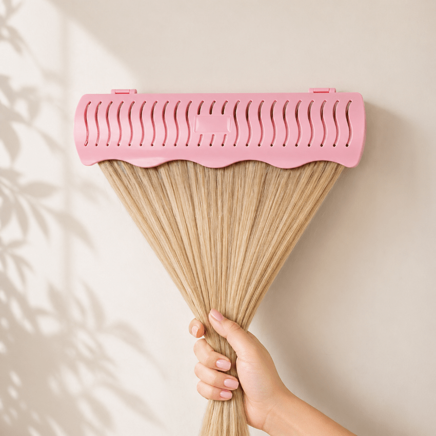 Démonstration d'une main qui tient fermement des extensions de cheveux pour démontrer la solidité du support à extensions