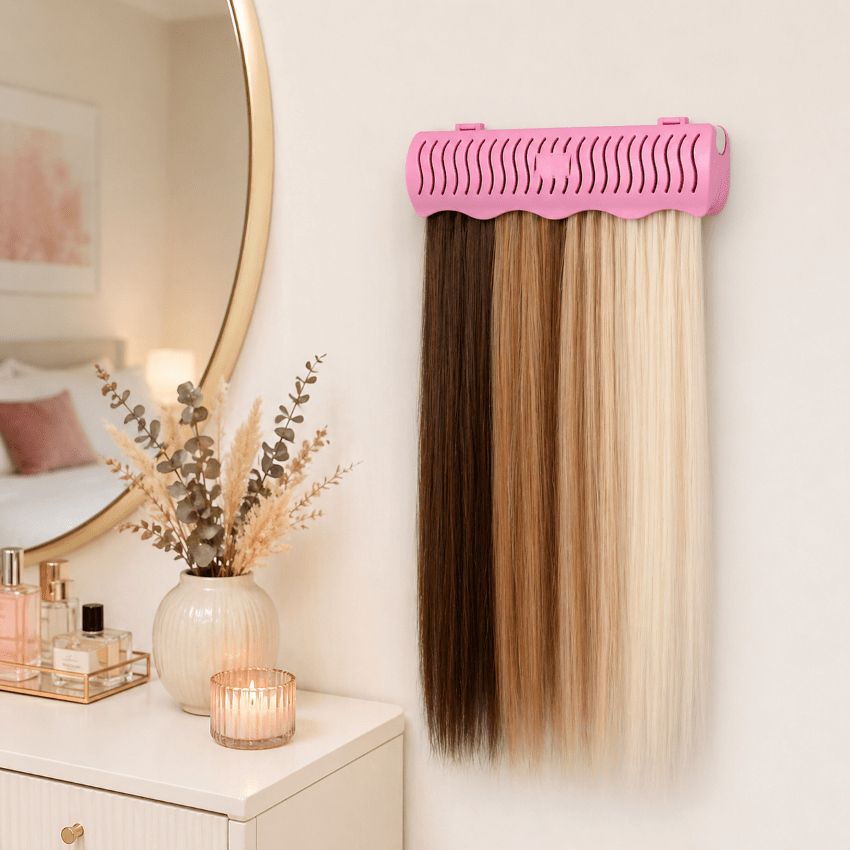 Démonstration des extensions accrochées au support rose