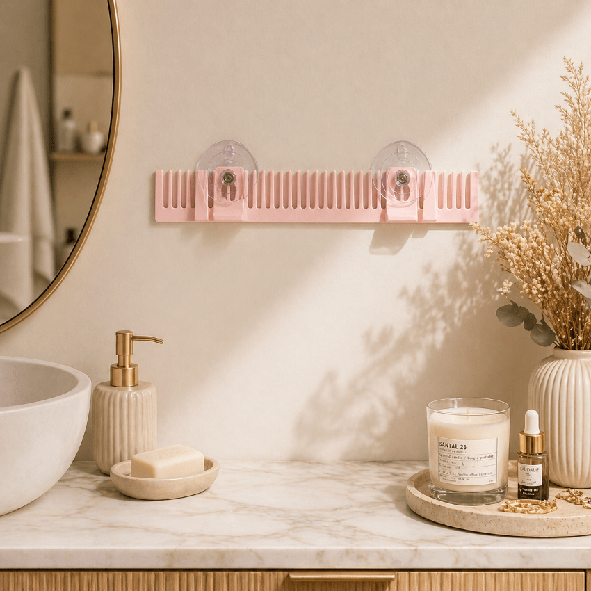 Aperçu du support rose sans extension fixé au mur de salle de bain