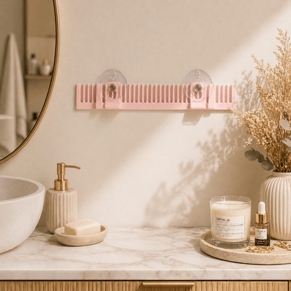 Aperçu du support rose sans extension fixé au mur de salle de bain