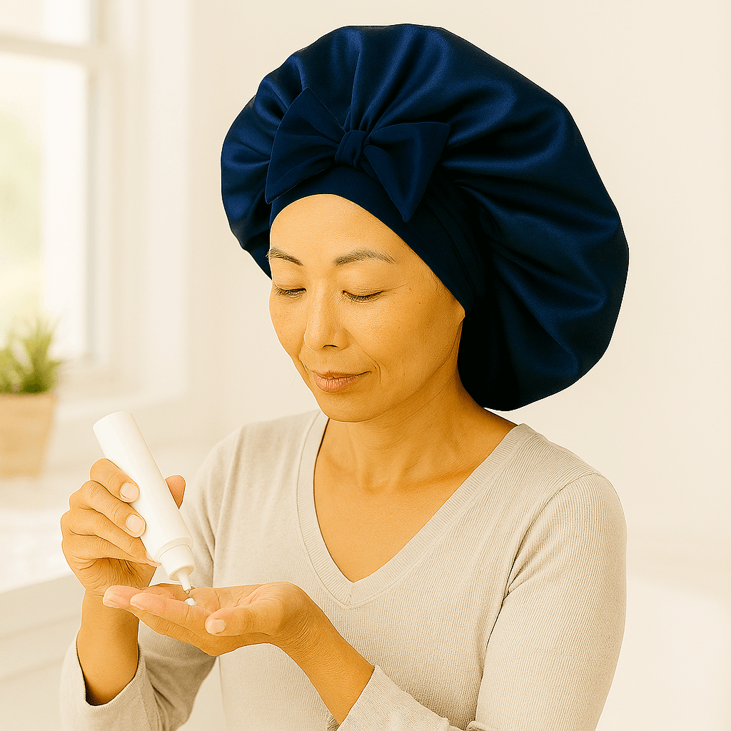 bonnet en satin moonwrap variante marine