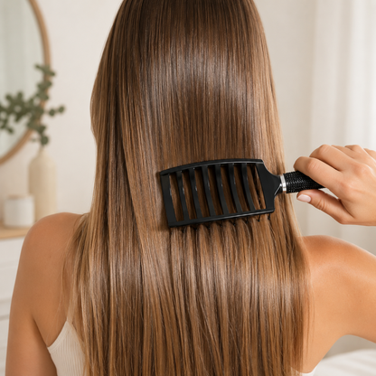 Illustration d'une femme de dos qui brosse ses cheveux avec la brosse à  cheveux