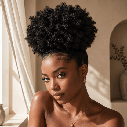 Femme épaules dénudées près d'une fenêtre au voilage de lin, arborant un chignon sur le dessus de sa tête