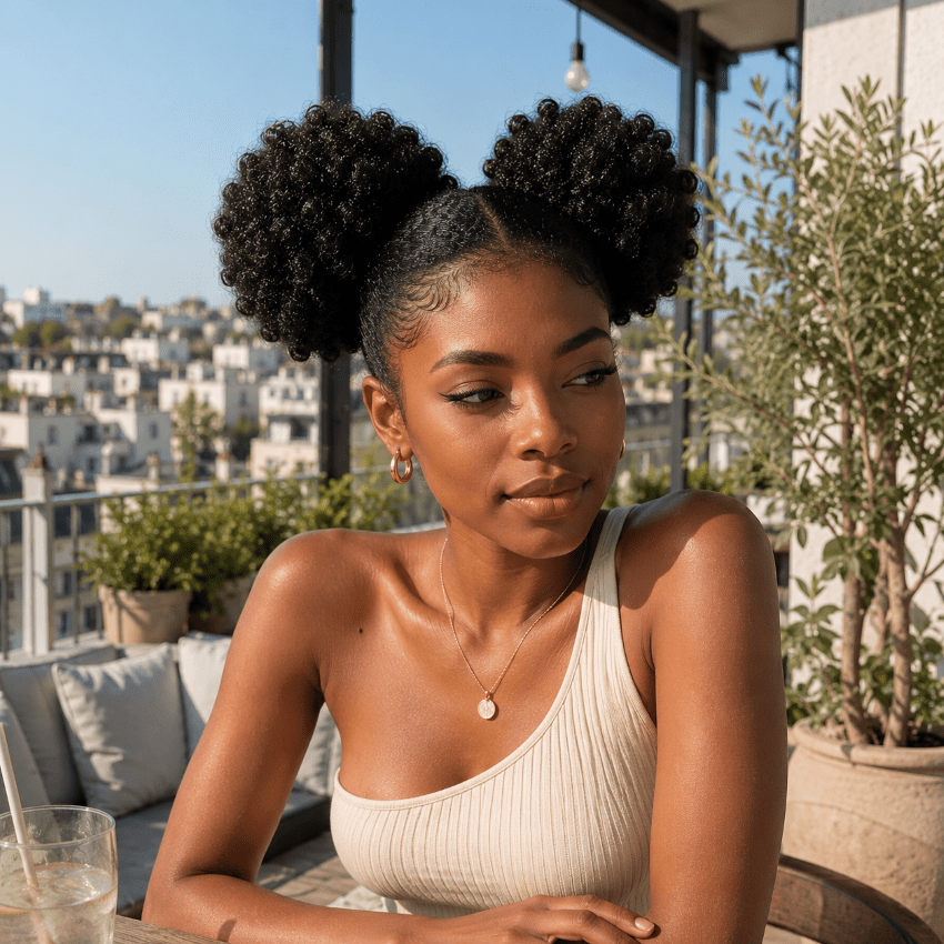 Femme assise à la table d'une terrasse rooftop portant deux chignons