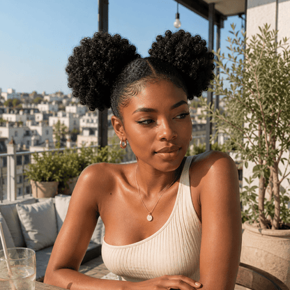 Femme assise à la table d'une terrasse rooftop portant deux chignons
