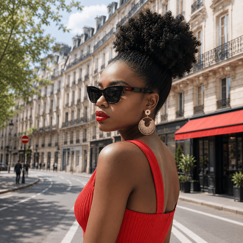 Femme vêtue d'une robe à bretelles rouges, lunettes soleil et arborant un chignon sur le dessus de sa tête