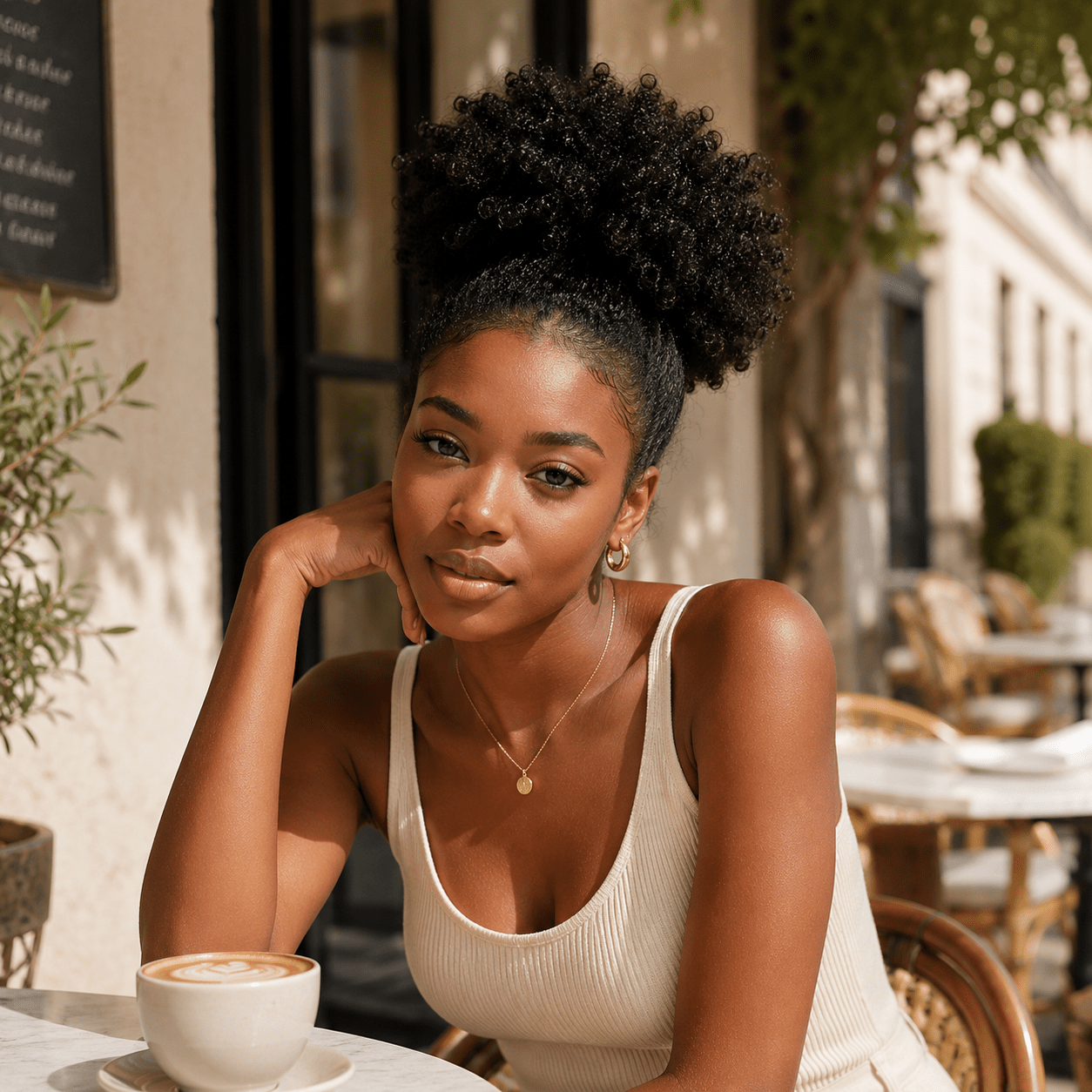 Femme vêtue d'une camisole ivoire assise à la table d'un café sur une terrasse extérieure accoudée à la table, portant un chignon sur le dessus de sa tête