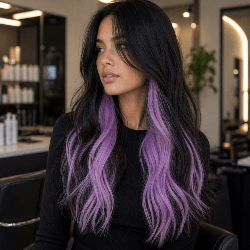 Femme longue chevelure brune avec extensions lilas