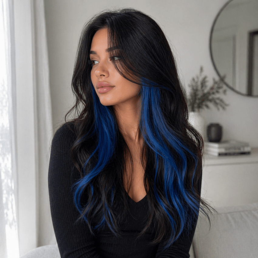 Femme chevelure longue noire avec extensions bleues