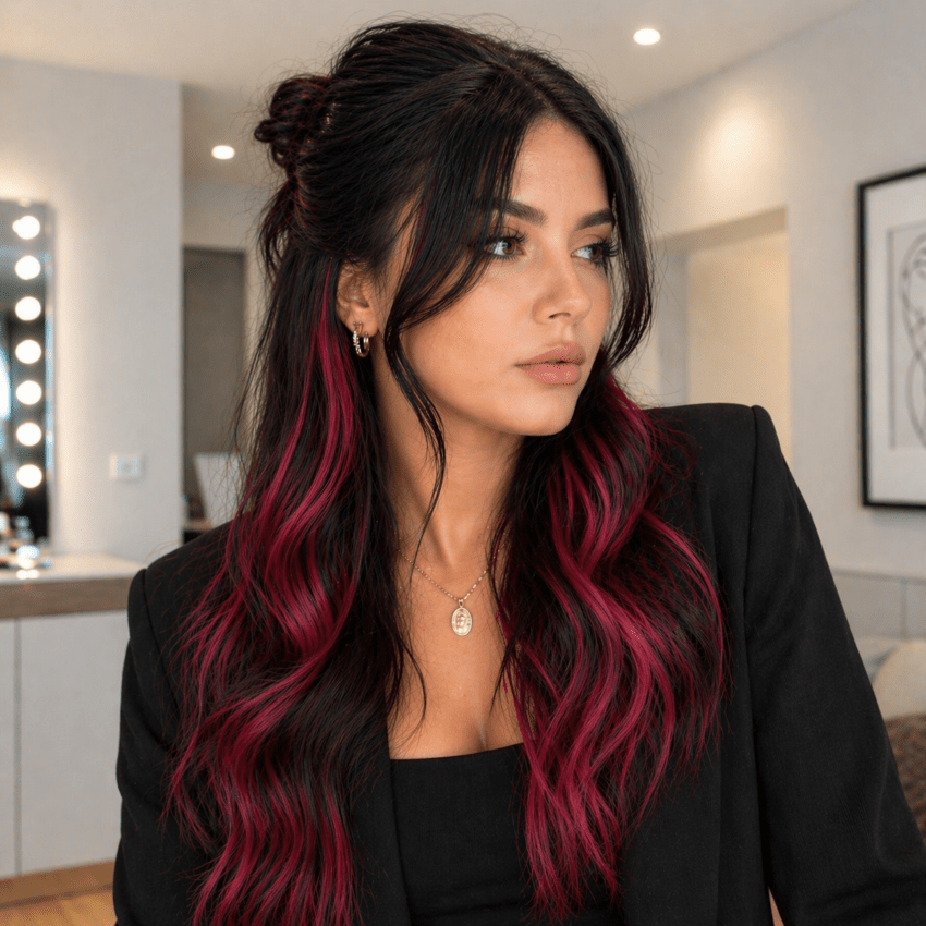 Femme longue chevelure brune avec extensions rouges