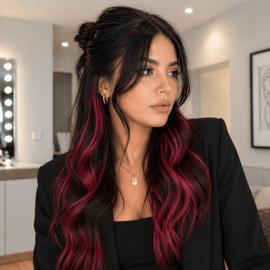Femme longue chevelure brune avec extensions rouges