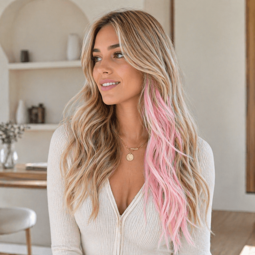 Femme longue chevelure blonde avec extensions roses