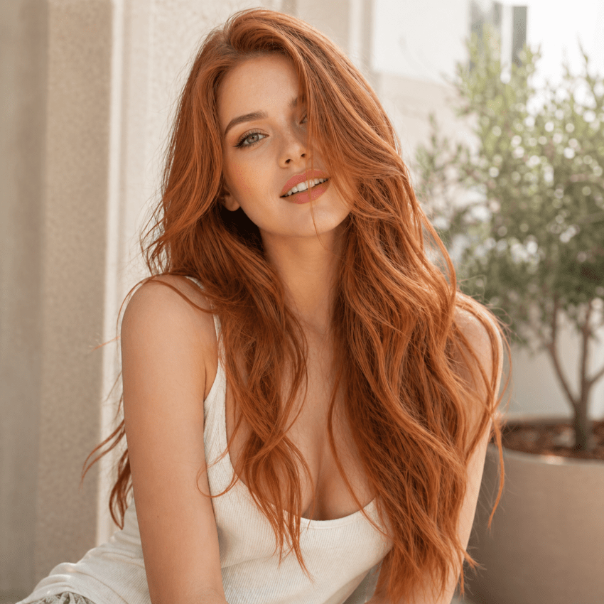 Femme assise au sol et portant des extensions couleur cuivré
