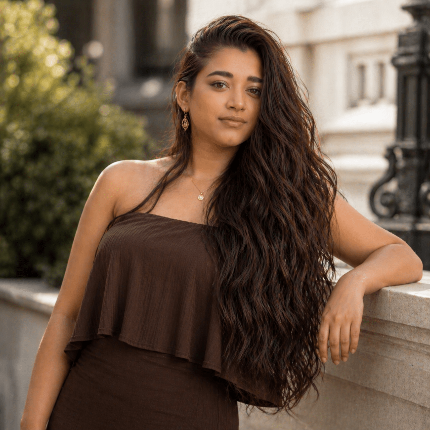 Femme accoudée à un muret et portant des extensions couleur brun chocolat foncé