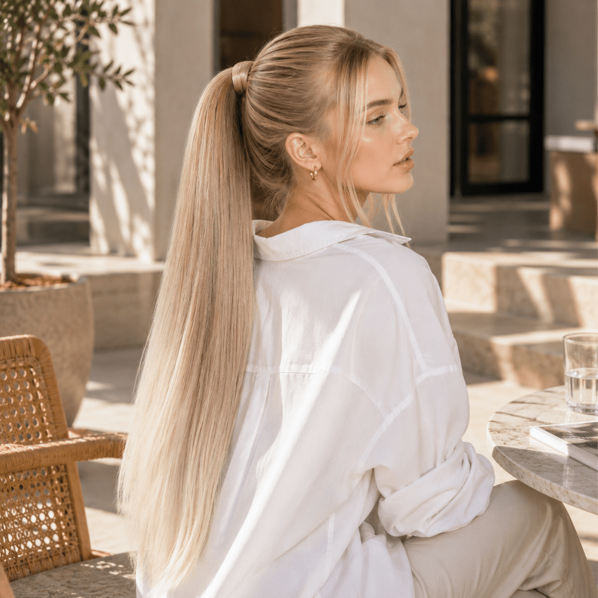 extension cheveux ponyfashion couleur ombré blond fraise-platine
