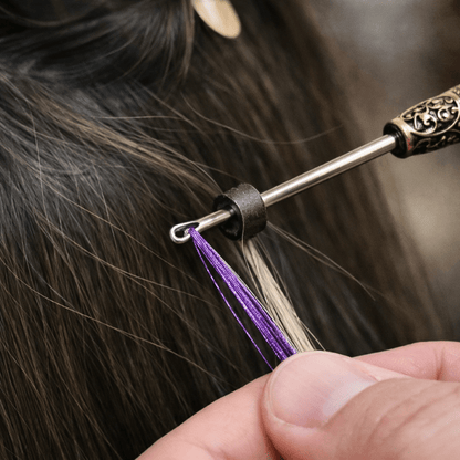 Illustration du crochet et de la microbille en action à fixer le fil Scintillia dans la chevelure