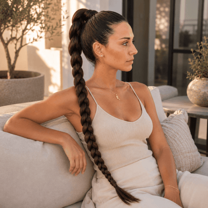 Femme assise de côté regardant au loin et arborant une longue tresse brun foncé