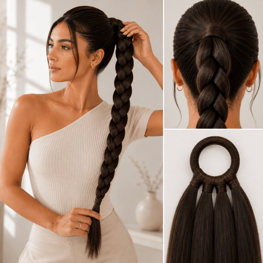 Femme avec une longue tresse et en caméo le rendu final et l'illustration de la bande élastique