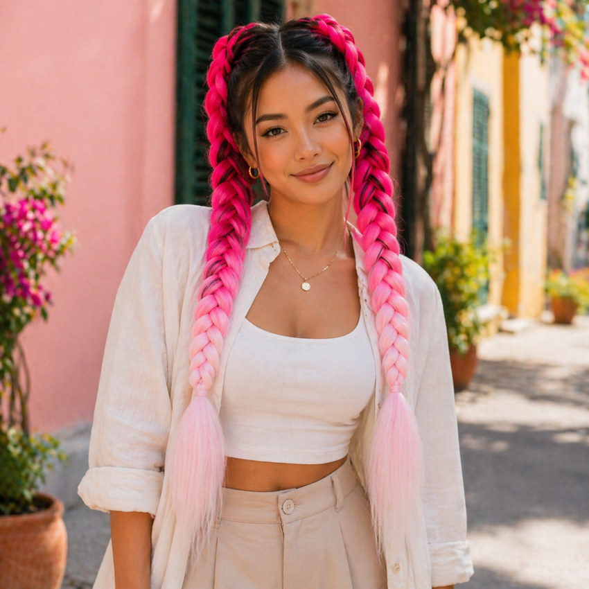 Femme asiatique portant deux tresses roses fuschia dégradée vers rose pâle dans le bas