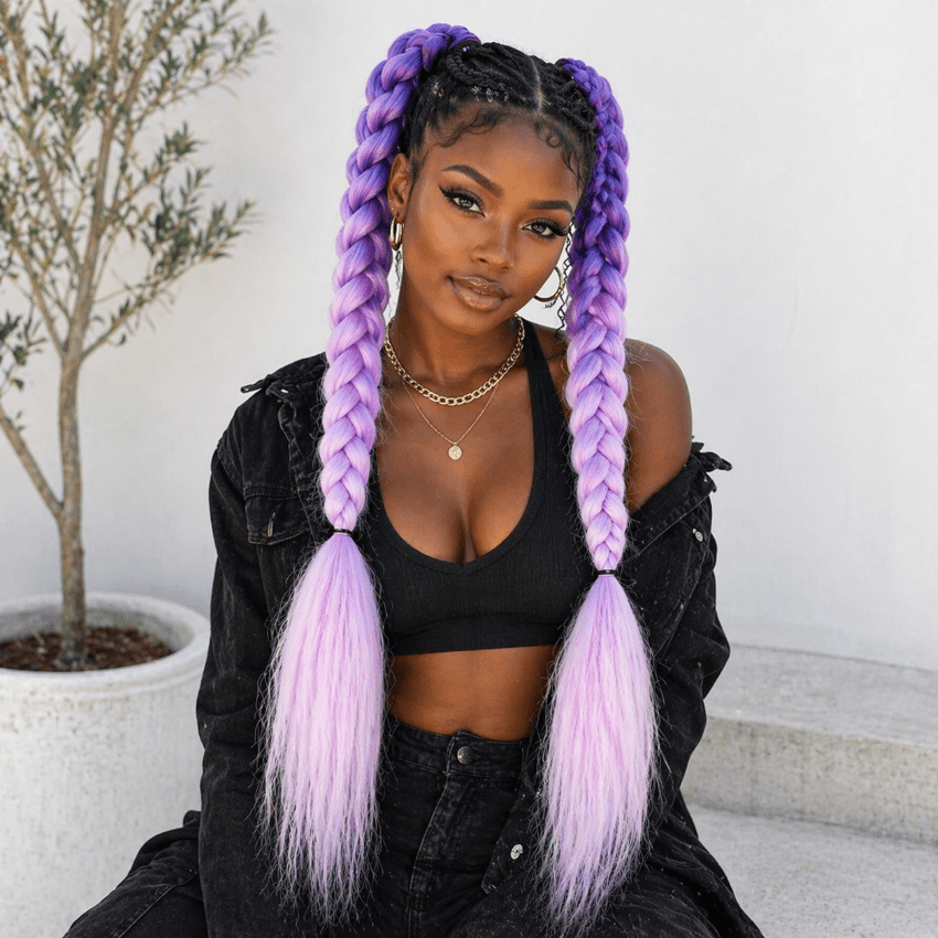 Femme portant deux tresses de couleur lilas foncé dans le haut et lilas pâle dans le bas