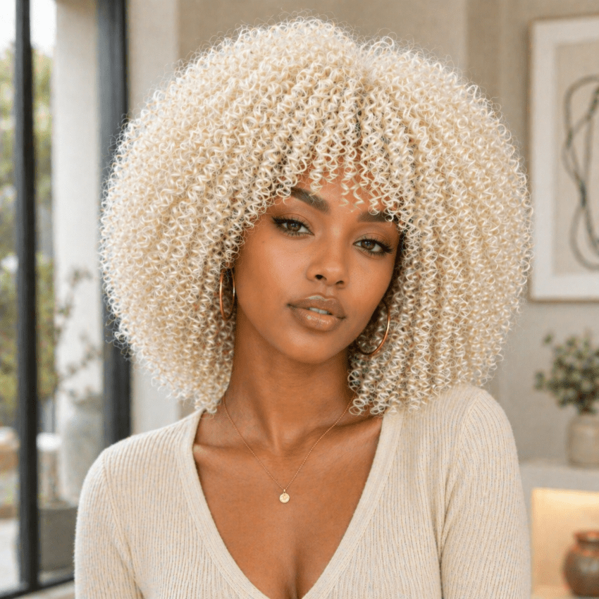 Femme portant une perruque afro couleur platine
