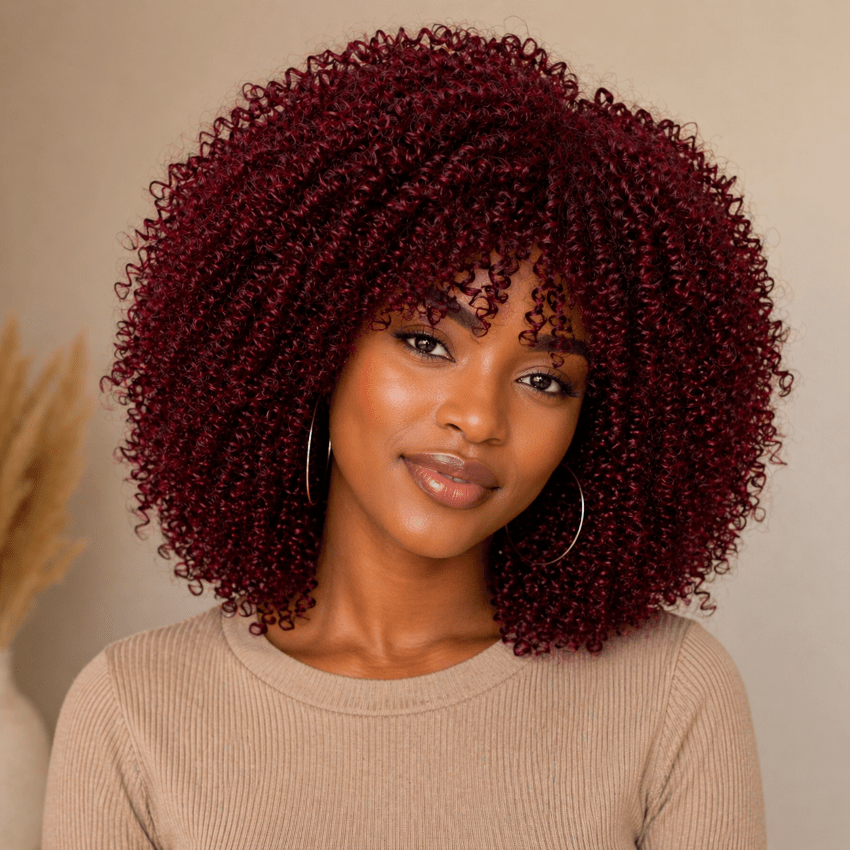 Femme portant une perruque afro couleur bordeaux