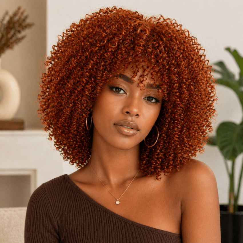 Femme portant une perruque afro couleur cuivré
