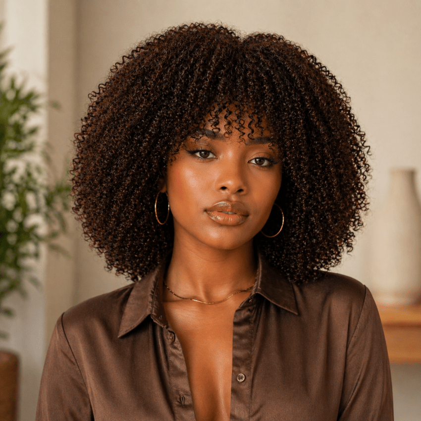 Femme portant une perruque afro couleur brun chocolat foncé