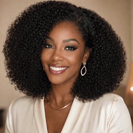 Femme portant la perruque afro lors d'une sortie chic